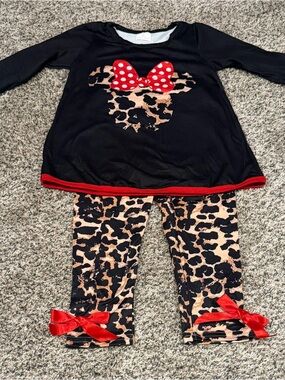Girls Black & Leopard Pajama Set with Red Bow Accent